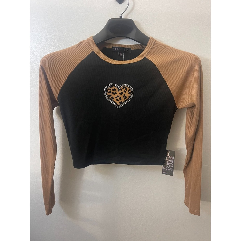 Faded Rose Black Tan Leopard Heart Rhinestone Raglan Ribbed Crop Top Medium NEW